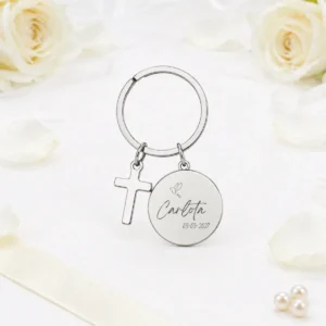 Llavero metalico cruz con estuche bautizo paloma elegance