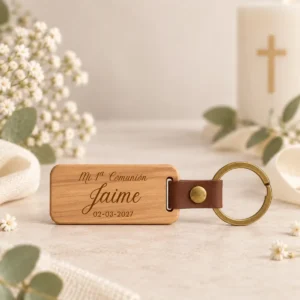 Llavero madera oscura rectangular personalizado de comunión, diseño Stoic