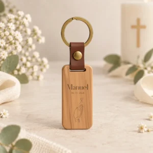 Llavero madera oscura rectangular personalizado de comunión, diseño Oración detalle