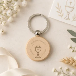 Llavero redondo madera clara personalizado de comunión, diseño Cáliz