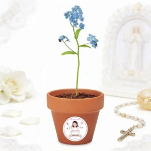 Maceta con semillas "no me olvides" personalizada de comunión, diseño Amalfi niña