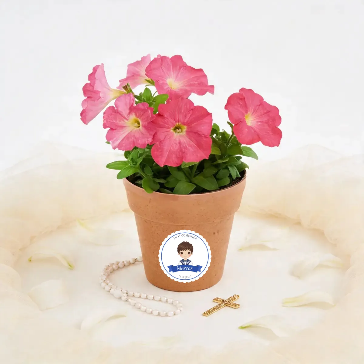 Maceta maceta con semillas de petunia comunión niño marinero