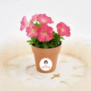Maceta con semillas de petunia personalizada de comunión, diseño Niña lazo