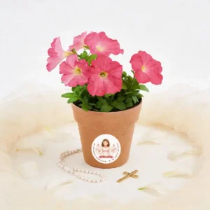 Maceta con semillas de petunia personalizada de comunión, diseño Niña acuarela