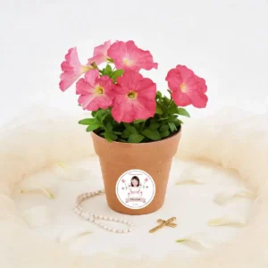 Maceta con semillas de petunia personalizada de comunión, diseño Amalfi niña