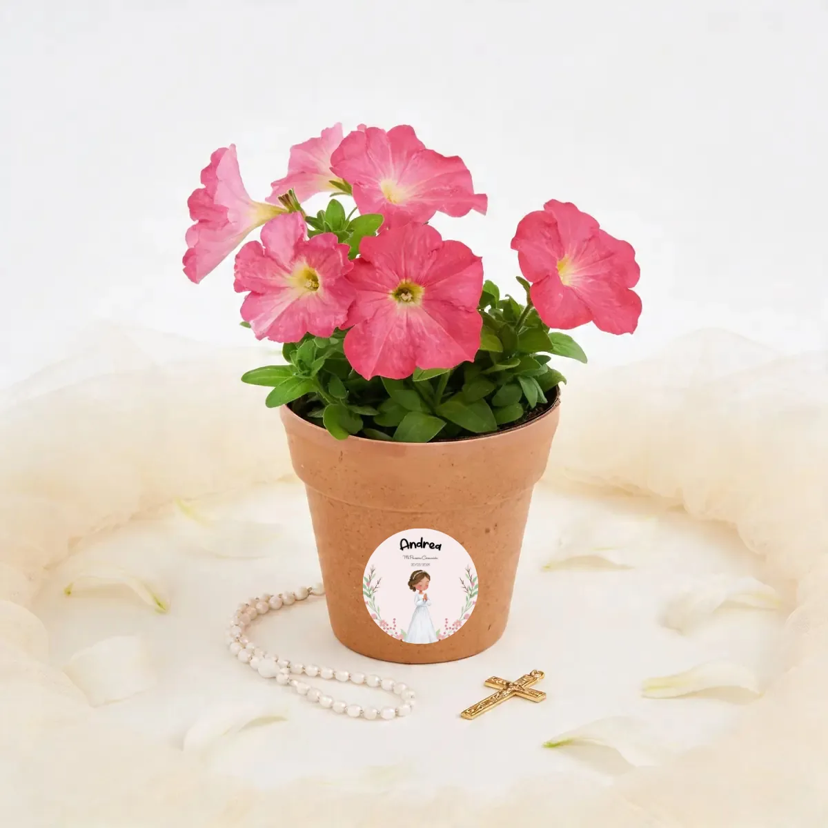 Maceta maceta con semillas de petunia comunión arco flores niña