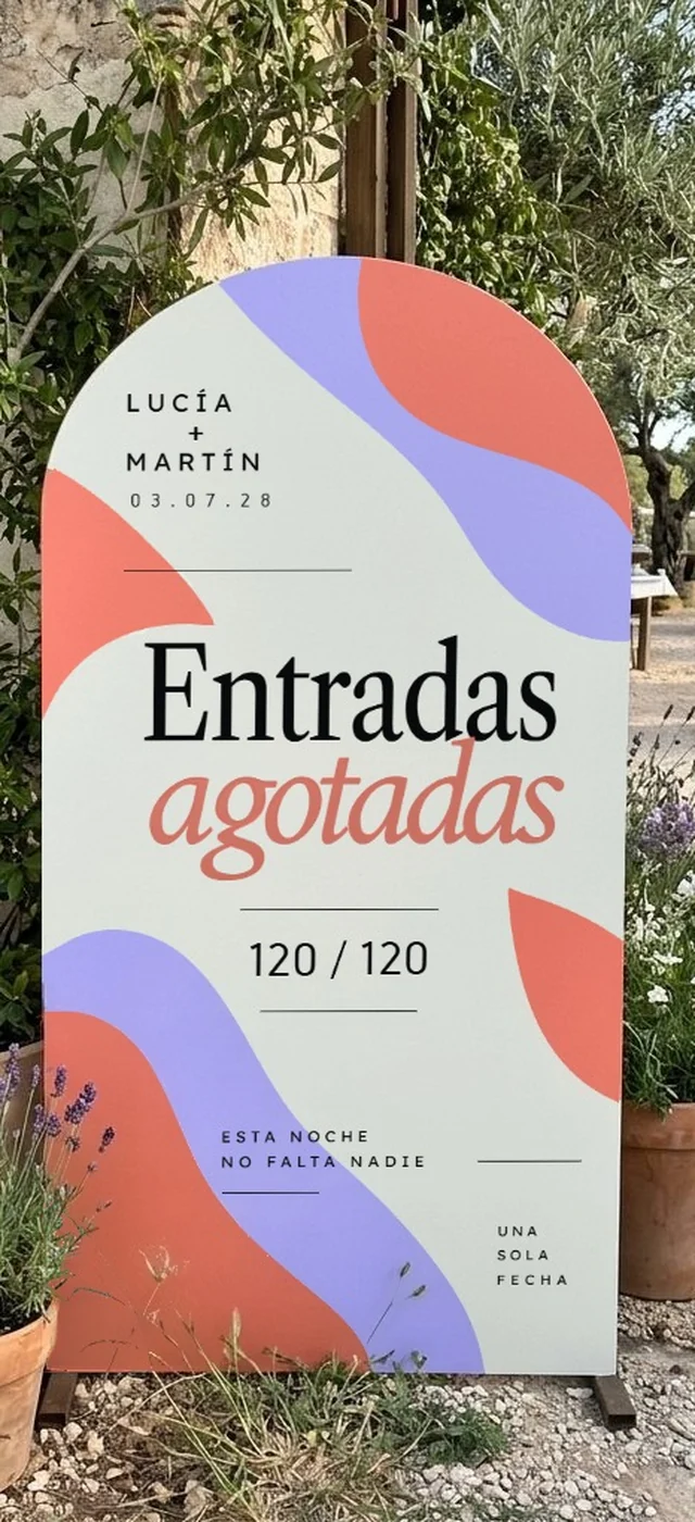 Detalle del cartel «Entradas agotadas» de boda festival con los nombres, la fecha y el número de invitados