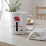 Taza de Navidad con inicial, gorro de Papá Noel y nombre