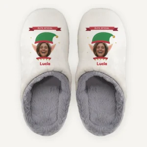 Zapatillas de casa de Navidad de elfo oficial con tu cara