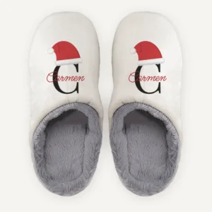 Zapatillas de casa de Navidad con inicial, gorro de Papá Noel y nombre